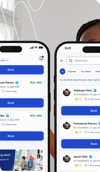 Mobile app screens showing booking options for electricians with names, ratings, and distances.